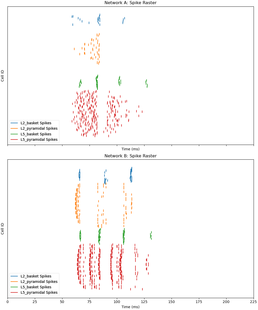 Network A: Spike Raster, Network B: Spike Raster