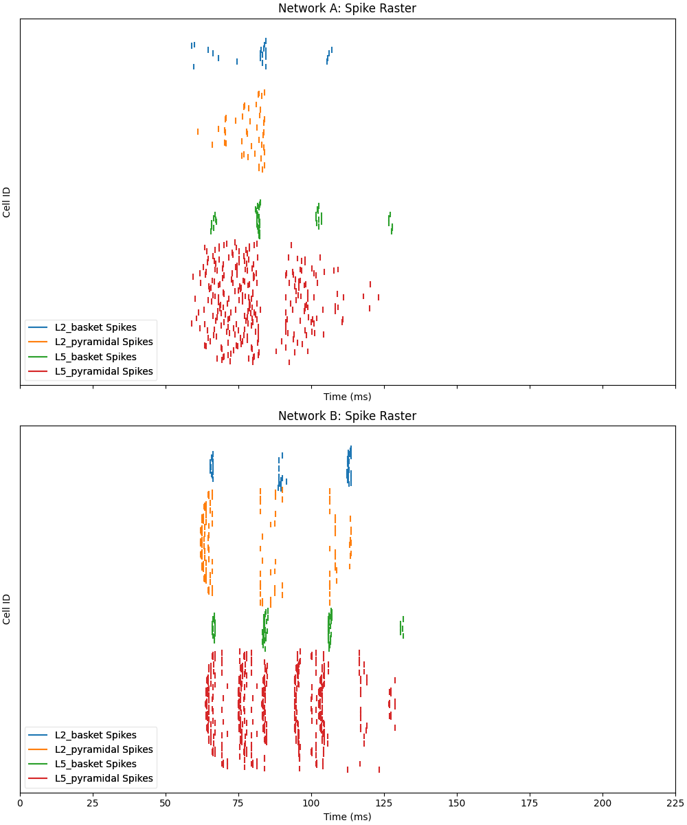 Network A: Spike Raster, Network B: Spike Raster